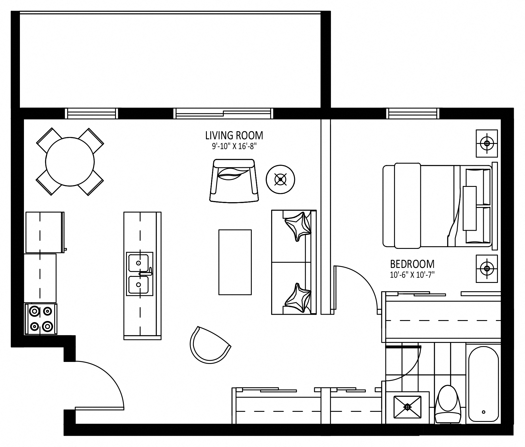 Floor plan for 1 bed, 1 bath, 625 sqft